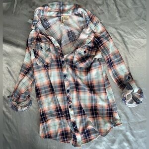 Boyfriend Shirt Plaid Size S Passport Peach Blue Flannel Button-Up Long Sleeve